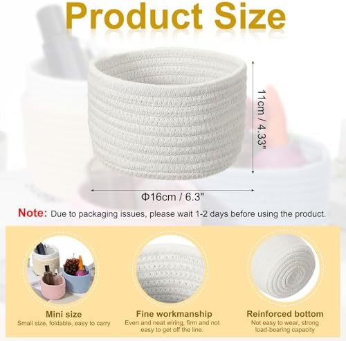 uxcell White Small Cotton Rope Woven Storage Basket, Shelf Closet Storage Gift Woven Baskets Cute Nursery Box Bin Decor Organization Bin for Home Supply, Round, 6.3x4.4 - Image 2