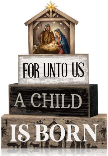 Moucuny 4 Pcs Christmas Table Decoration Christian Wooden Stacked Blocks by Moucuny