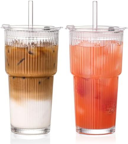 20oz Iced Coffee Cups with Lids, Ribbed Glass Cups with Lids and Straws by GOSCHE