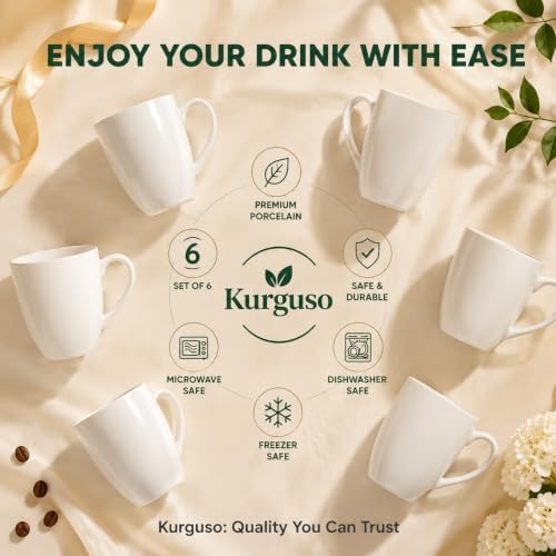 White Porcelain Coffee Mugs Set of 6, 13 Ounce Coffee Cups with Handle, Ceramic Tea Mugs for Latte, Hot Tea, Cappuccino, Mocha, Cocoa, Mug Gift Set, Dishwasher and Microwave Safe - Image 2