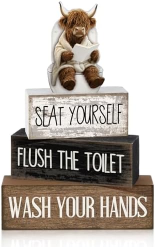 Moucuny 4 Pcs Highland Cow Bathroom Decor Funny Wooden Signs Farmhouse by Moucuny