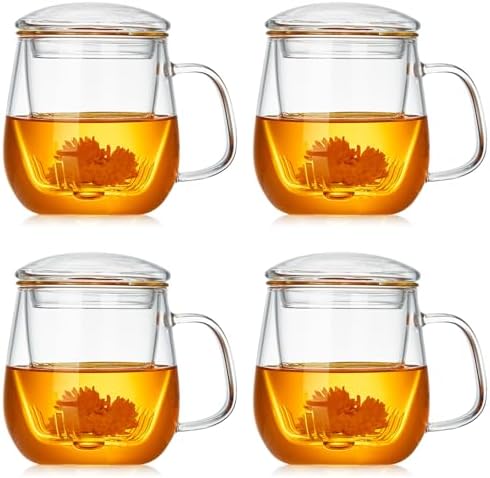 DOPUDO Glass Teacups 4 Pack Glass Tea Cup with Infuser and Lid, 17.6oz/520ml Large Borosilicate Teacup,Tea Clear Mug Cup for Loose Leaf Blooming Tea, Microwave & Dishwasher Safe. by DOPUDO