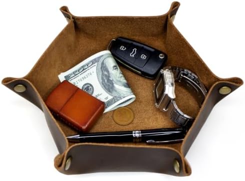 boshiho Valet Tray for Men, Leather Jewelry Catchall Key Phone Coin Box Change Caddy Bedside Storage Box (Chocolate) by boshiho