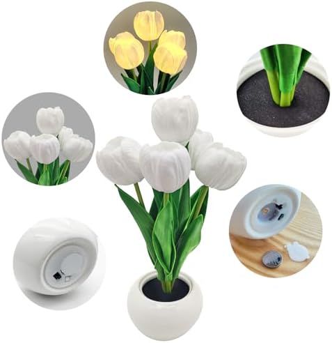 Flower Table Lamp Tulip Desk LED Night Light for Home Living Room Decor Artificial Flower with Vase Table Centerpieces for Birthday Holiday Party Wedding Room Decoration (White) - Image 5
