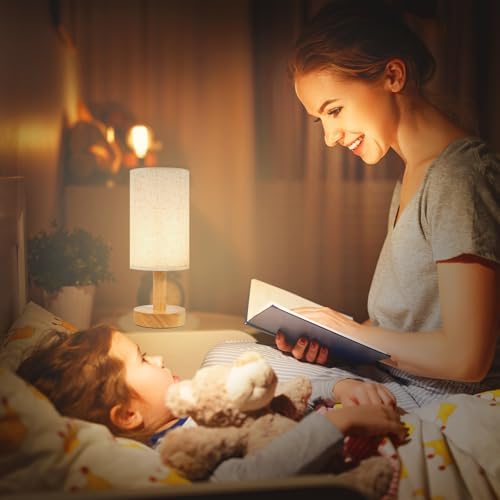 Small Bedside Table Lamp for Bedroom,Natural Round Wood Base&Fabric Linen Shade,Cozy Night Table Light for Study Reading,Minimalist Boho Desk Lamp for Nightstand,Living Room,Nursery,Kitchen,Dorm - Image 3