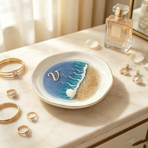 Vanity Tray, Ocean Resin Beach Wave Ceramic Jewelry Tray, Gold Trim Ring Dish Earring Holder, Small Decorative Trinket Dish for Dresser Makeup Vanity (V) - Image 2