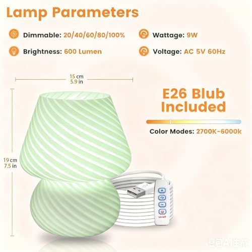 ULAROOM USB Plug-in Mushroom Lamp Small Bedside Table Lamp with 3 Temperature LED Bulb,Free Dimming Nights Light for Bedroom/Living Room/Entryway/Corner Decor (Stripe Green) - Image 6