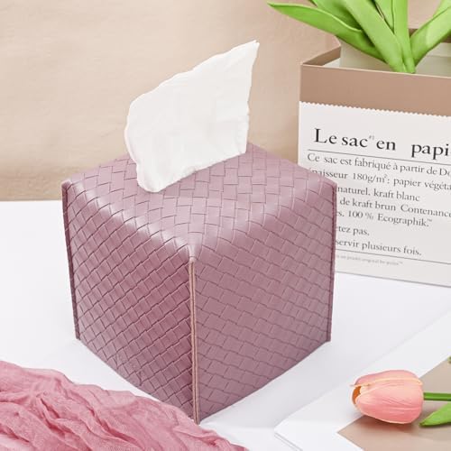 HOMOTEK 1 Pack Tissue Box Cover, Square PU Leather Tissue Holder, Decorative Facial Tissue Cube Paper Organizer Dispenser for Bathroom, Night Stands, Desk, Car 5X5X5'' - Woven Waffle,Plum Red by HOMOTEK