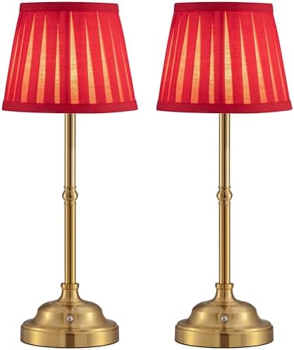 KDG Gold Cordless LED Table Lamps Set of 2, Red Fabric Shade Desk Lamps by KDG