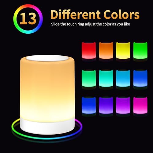 OORUN Touch Bedside Table Lamp,13 RGB Colors & 5 Brightness, USB Rechargeable Desk Lamp, Remote Control Dimmable Light with RGB Color Changing,Portable Lamp for Baby (White) - Image 3