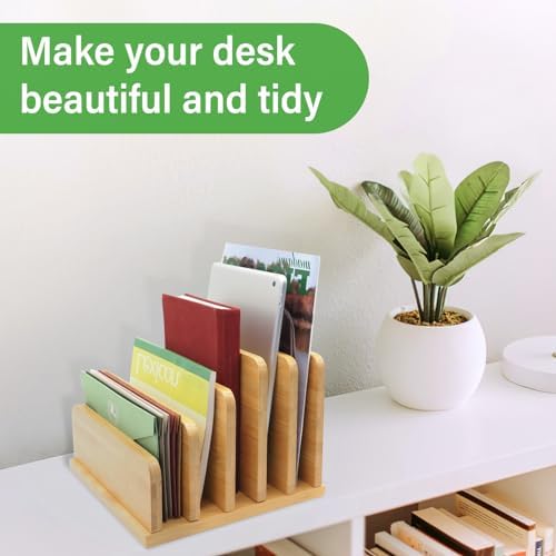 Desk File Mail Organizer Countertop, 5 Slots Bamboo Folder Sorter Holder for Letter, Envelope, Paper, Bill Filing, Desktop Tray Organizer for Office & Home - Image 5
