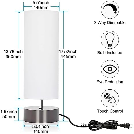 Touch Table Lamp, 3-Way Dimmable Bedside Lamp with Cylinder Fabric Shade - Image 2