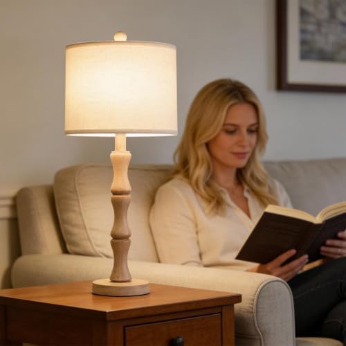 BOBOMOMO 25" Farmhouse Table Lamps Set of 2, Rustic Nightstand Lamps with Wood Grain Resin Base & Linen Shade, Standard Table Lamps for Bedroom, Living Room, Reading Nock & House Décor - Image 2