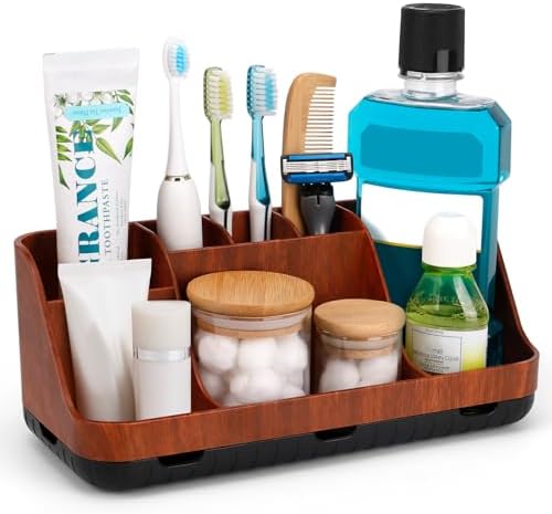 GFWARE Bathroom Decor and Accessories - Detachable 7 Slots Kids Electric Toothbrush and Toothpaste Holde for Bathroom Tray Countertop Vanity Storage, Bathroom Sink Storage Organizer, Red Wood by GFWARE