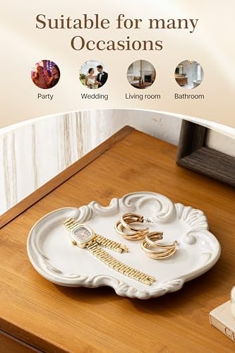 LYEOBOH Jewelry Tray, Ceramic Trinket Dish, Jewelry Dish for Rings Earrings Decorative Trinket Tray, Key Bowl, Retro, Vintage, Friendship Gifts for Mom Sister Birthday Christmas Housewarming, Beige - Image 3
