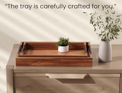Fibogollo Acacia Wood Set of 2 Serving Tray with Metal Handles,Ottoman Decorative Trays Platter for Coffee Table,Living Room,Bar,Party - Image 5