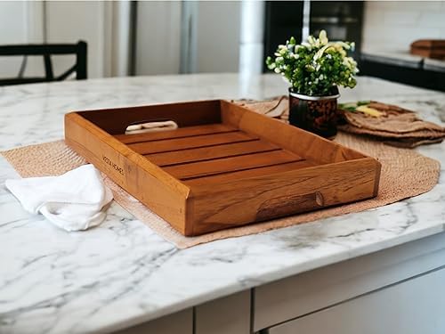 Vesta Homes Medium Teak Wood Serving Tray for Home, Kitchen, Breakfast, Restaurant, Office Organizer, Dining Table | Premium Wooden Tray |12 * 8.5 * 1.5 Inches | Handmade in India - Image 5
