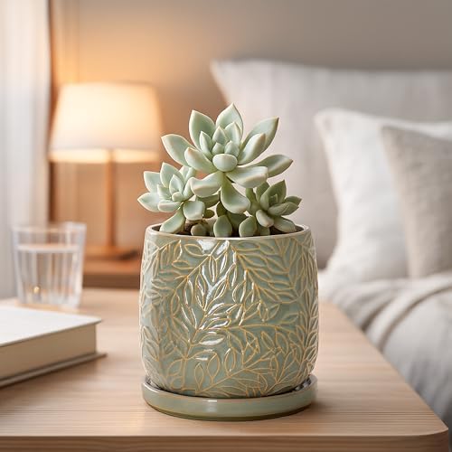 D'vine Dev Embossed Leaves Ceramic Planter, 5 in, Olive, 27-A-V-0 - Image 6