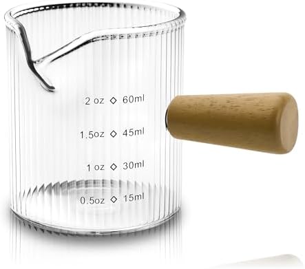 Espresso Measuring Cup 2 OZ, Espresso Glass Cups with Wood Handle, Milk Frothing Cup, Espresso Cup for Coffee, Milk, Tea or Maple Syrup Serving (Transparent, 2 oz) by Unknown