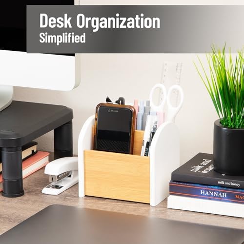 Mind Reader Desktop Organizer with 3 Compartments, Natural Wood and Matte Finish Sides, Compact Desk Storage, Wood, White - Image 2