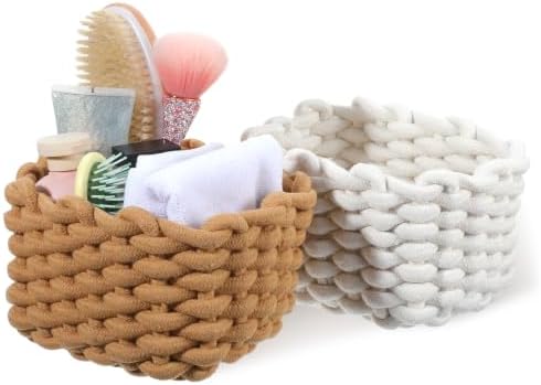 2 Pack Woven Storage Basket Set – Small Square Basket for Shelves, Desk, Vanity, Bedroom – White & Khaki Cotton Rope Bins, 7.7 x 6.1 x 5.5 Inches by Unknown