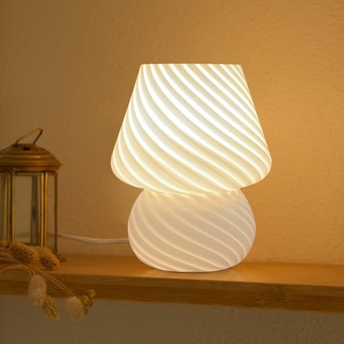 ONEWISH Mushroom Lamp-Small Bedside Table Lamp with Striped Glass, Nightstand Lamp for Bedroom, Living Room, 3000K E26 Bulb Included(White) by onewish