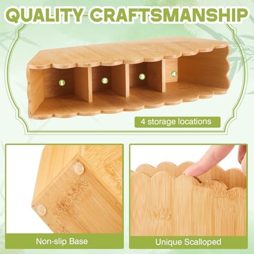 Jetec Scalloped Bamboo Pencil Holder, 4 Compartment Wooden Desk Organizer - Image 3
