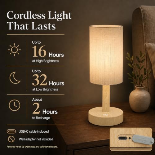 Small Rechargeable Cordless Table Lamp, Nightstand to Desk, Light Oak - Image 3