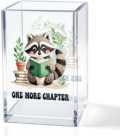 One More Chapter Acrylic Pencil Holder Cup, Book Lover Gifts for Women, Funny Reading Raccoon Desk Organizer and Accessories for Raccoon Lover Bookish Bookworms Readers, Pen & Bookmark Holder by QYUVK