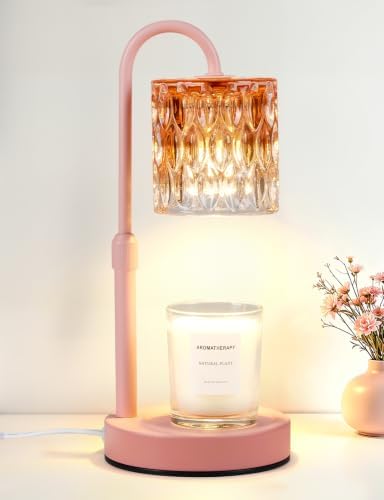 Briever Dimmable Candle Warmer Lamp with Timer, Height Adjustable Electric Candle Wax Warmer, Birthday Gifts for Women Mom, House Warming Gifts New Home Decor, Solid Wood Base, Pomegranate Red Glass by Briever