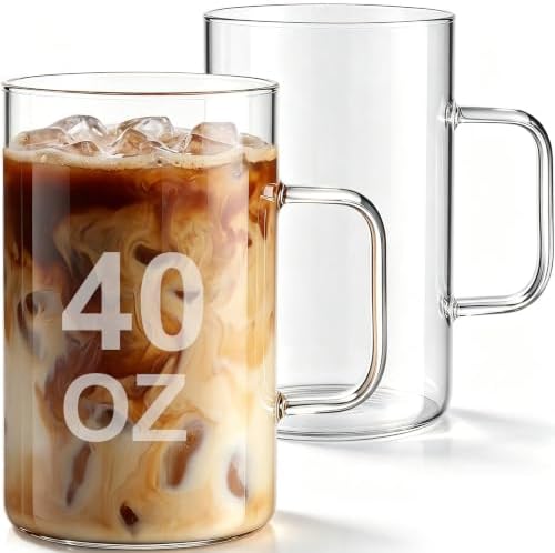 2 Pack 40 oz Extra Large Glass Coffee Mugs Borosilicate Cups with Handle by Yetene
