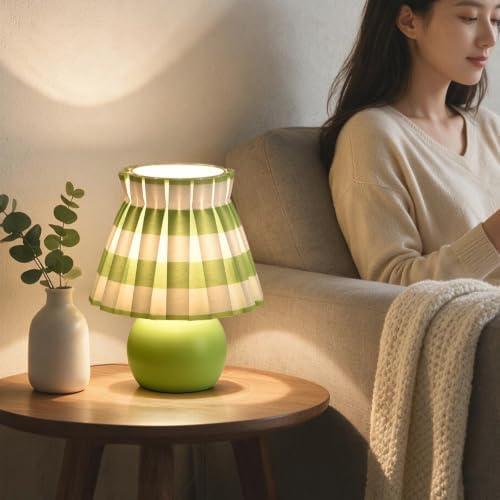 Ziqqeelam Green White Plaid Small Bedside Table Lamp, Round Green Base Nightstand Lamp, Cute Mini Table Lamp with Pleated Shade for Bedroom, Kitchen Counter, Bookshelf, Living Room, Kids Dorm - Image 6