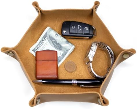 boshiho Valet Tray for Men, Leather Jewelry Catchall Key Phone Coin Box Change Caddy Bedside Storage Box (Tan) by boshiho