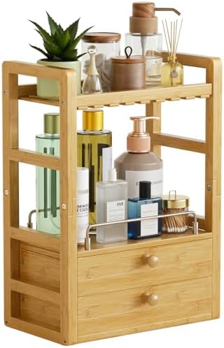 AmazerBath Bamboo Bathroom Counter Organizer, 2-Tier Makeup Organizer with 2 Drawers, Vanity Organizer Storage Coffee Matcha Station, Compact Shelf for Bathroom Kitchen Office Countertop by AmazerBath