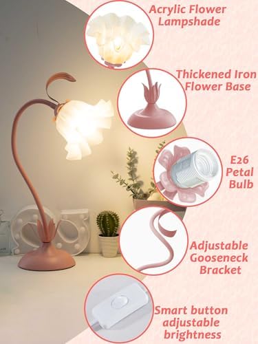 Flower Table Lamp, LED Reading Light Bedside Vintage Night Light (Pink) - Image 3