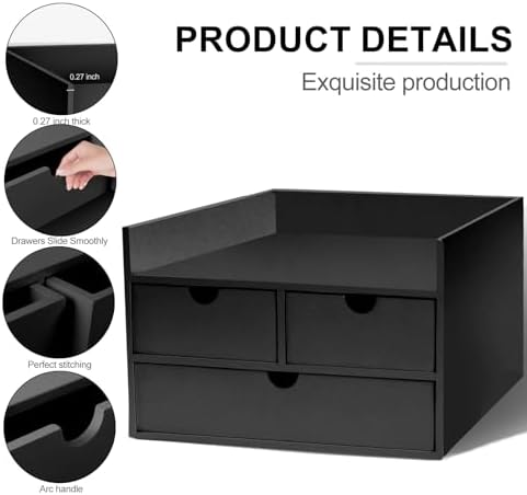 Charmewooden Bamboo Desk Organizer 3 Drawer with Shelf, Countertop Organizer with Drawers Makeup Storage Drawer 3 Drawers Tabletop Storage Organization Box Home Office Workspace（Black） - Image 6