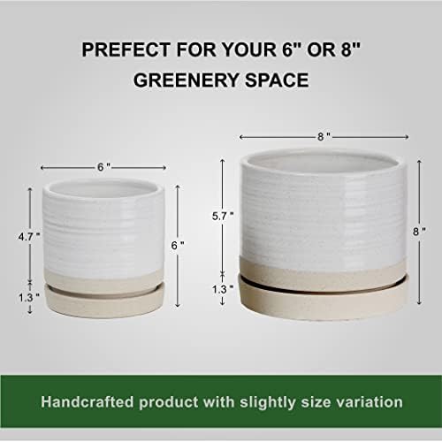 HERDUK 6 + 8 Inch Plant Pots, Ceramic Planter Pot with Drainage Hole & Saucer, Indoor/Outdoor Cylinder Round Planter Pot, Cream & Beige - Image 6