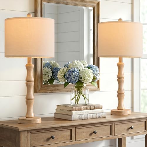 BOBOMOMO 25" Farmhouse Table Lamps Set of 2, Rustic Nightstand Lamps with Wood Grain Resin Base & Linen Shade, Standard Table Lamps for Bedroom, Living Room, Reading Nock & House Décor by BOBOMOMO