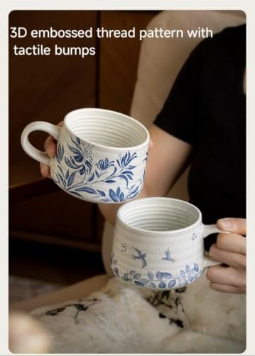 14OZ Ceramic Latte Mug, Cute Flower Coffee Mug For Women With Lid And Spoon, Retro Floral Cup For Green Tea OR Coffee,Hand Painted Floral Design Pottery Cute Mug (white) - Image 4