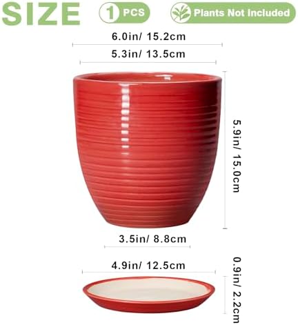 6 Inch Ceramic Plant Pot - Ceramic Pots for Plants, Round Planter with Drainage Hole and Saucer, Modern Flower Pots for Indoor Plants, Desk Home Office Decor, Plant Lover Gifts, Glossy Red - Image 2