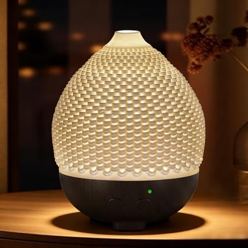 Essential Oils Diffuser Ceramic 250ml - Ultrasonic Aromatherapy Diffuser 3D Printing Dome, Cool Mist Air Freshener with 2 Mist Modes 7 Colors LED Lights, Auto Shut-Off Protection for Home Office Decor by EQUSUPRO