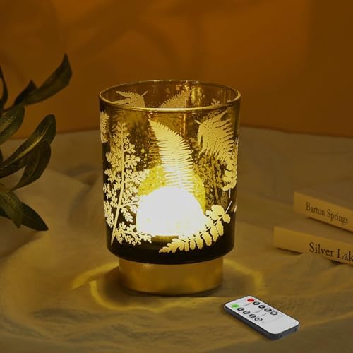 Eywamage Small Battery Operated Glass Table Lamp, Boho Green Ferns Mood Light with Remote, Cordless Bedside Accent Lamp Room Decor by EywamageCandles