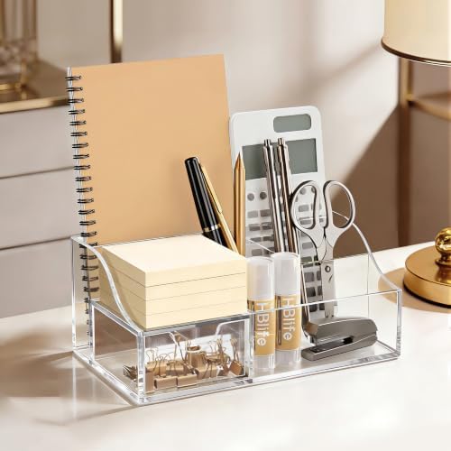 HBlife Acrylic Desk Organizer with Drawer, Pen & Pencil Holder, Multifunctional Desktop Caddy for Office Supply and Organization (Clear, 2 Pack) - Image 6