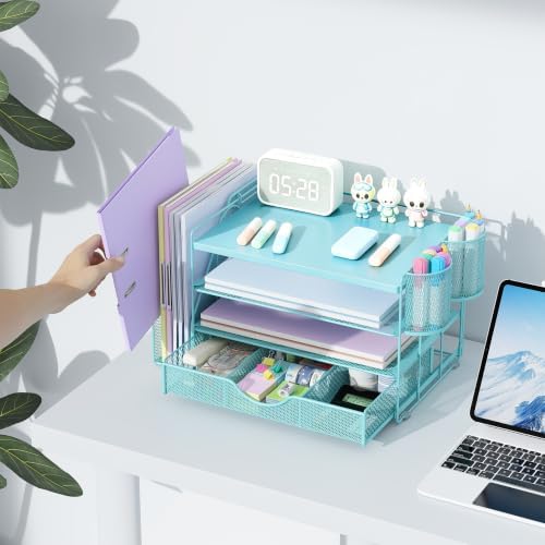 gianotter Wood Desk Organizers and Accessories with File Holder, 4-Tier Desk Accessories & Workspace Organizers with Drawer and 2 Pen Holder, Desk Reference Organizer (Blue, 4T with Metal Drawer) - Image 4