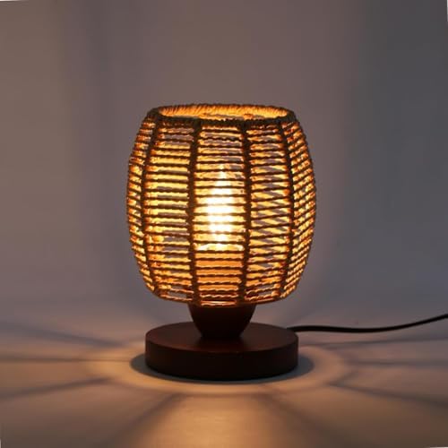 Rattan Table Lamp,Boho Small Beside Lamp,Farmhouse Table Lamp for Room Decor,Vintage Wicker Wooden Nightstand Bamboo Woven End Table Lamps for Bedroom Living Room Desk Kids Room,LED Bulb Included by DKCONONY