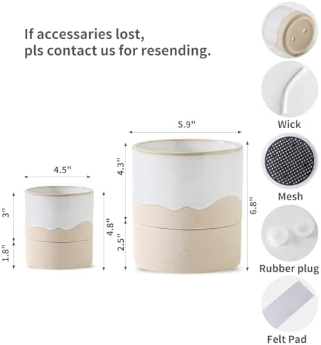 Nihow Self Watering Ceramic Planter, 4.5+6 Inch, White & Nature - Image 2