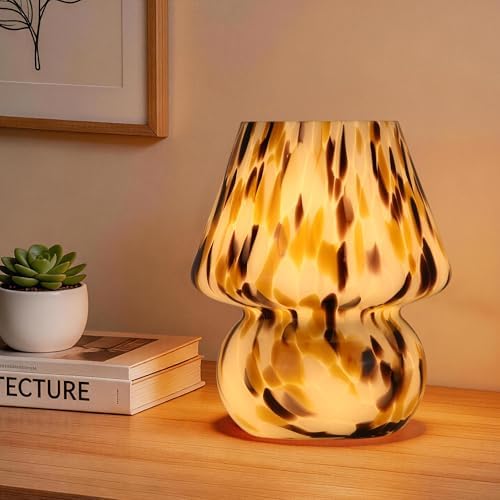 Mushroom Lamp with LED Bulb, Small Glass Bedside Lamp, Brown&White by Unknown