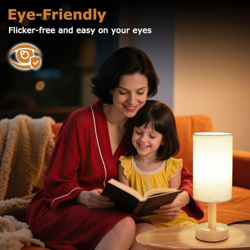 Small Bedside Table Lamp with AC Outlet, Natural Wood Base & Linen Shade, Mini Cute Cozy Warm White Nightstand Boho Lamp, Study Desk Night Stand Light for Bedroom, Kitchen, Nursery, Living Room - Image 3