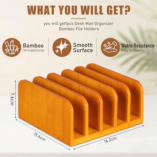 Lineshading Bamboo Letter Organizer, 5 Compartments Desk Mail Organizer, Desktop Envelope Holder and Letter Sorter, Countertop Paper File Holders with Anti Slip Mat for Home Office(Yellow) - Image 4