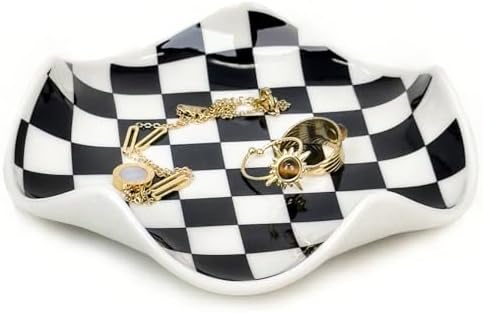 Aesthetic Ring Holder Dish, Cute Small Trinket Dish, Ceramic Jewelry Tray,Modern Checkered Cool Stuff for Girly Room Decor, Vanity Essentials for Teen Girls Women Dorm Room Bedroom Bathroom by Unknown
